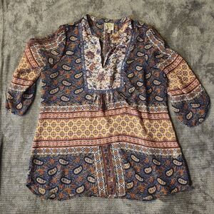FIG FLOWER Anthropologie Blouse Large Rayon Boho Shirt Top Lightweight Sheer,